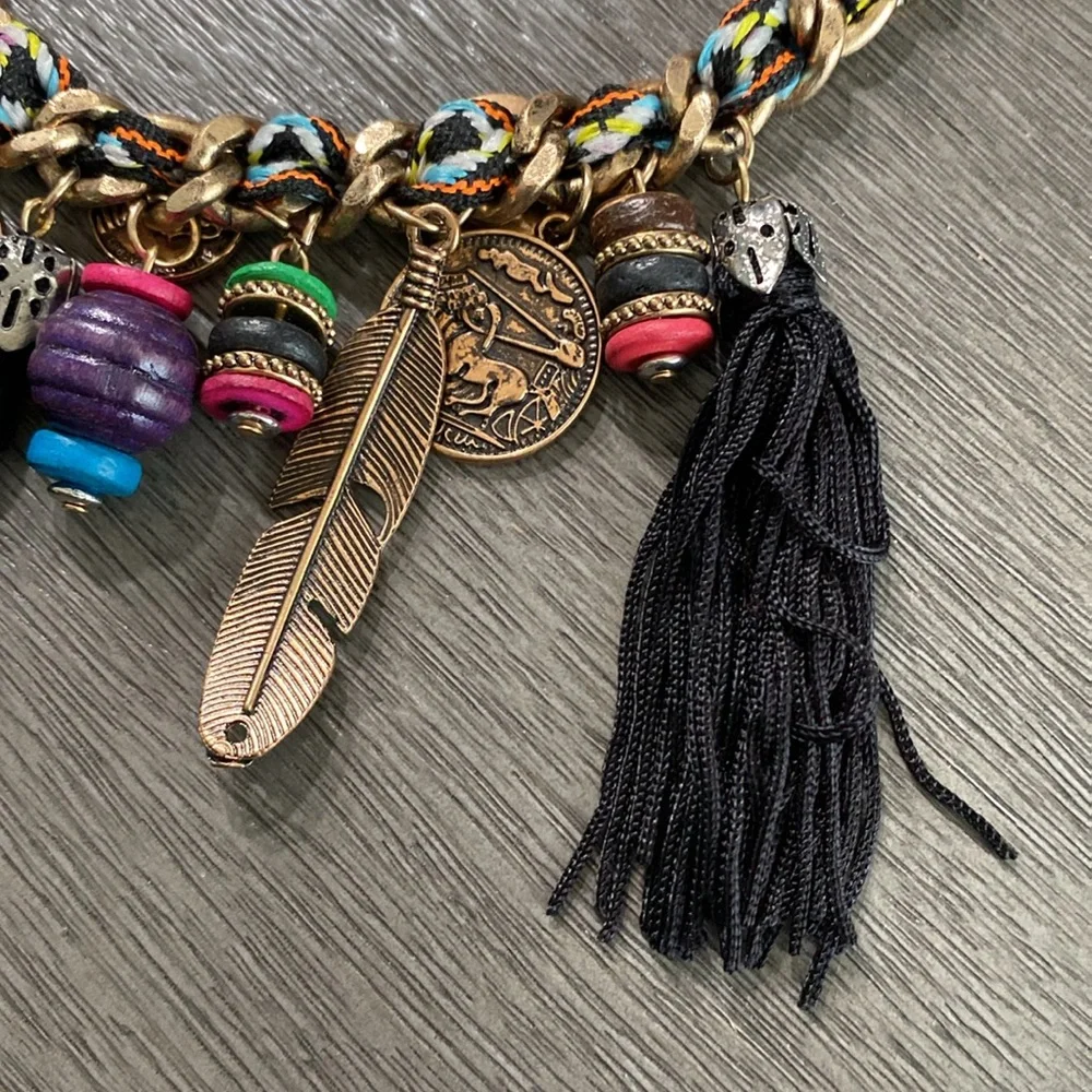 Mudd Braided Gold Tone Chain Love Peace Happiness Charm Necklace NWT